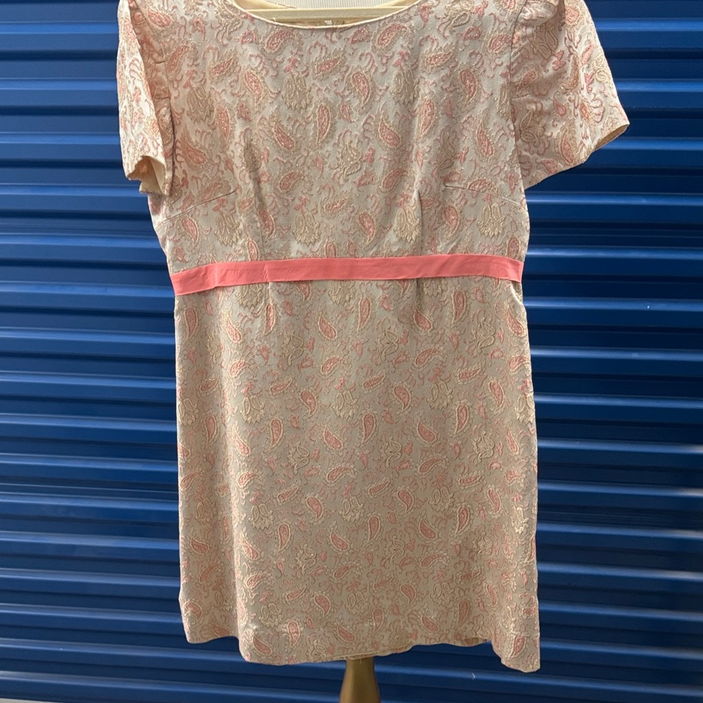 Vintage Cream Mini Dress with Pink Paisley and Bright Pink Waistband